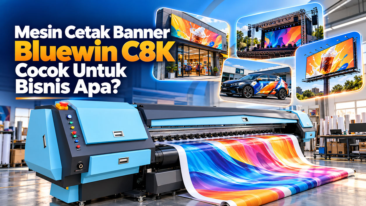 A professional blog cover image, 16:9 landscape, showing a modern large format banner printing machine in a bright, clean print shop, printing a vivid colorful banner. Around the machine, small floating icons or miniature scenes representing different businesses: a storefront with a banner, an event stage with a backdrop, a car with a vinyl wrap, and a billboard. Soft studio lighting, crisp detail, realistic commercial style with a modern graphic touch. Large bold headline text placed on the left side of the image, in a clean modern sans-serif font, white text with a subtle dark shadow for high contrast: "Mesin Cetak Banner Bluewin C8K Cocok Untuk Bisnis Apa?" Color palette: blue, white, and a touch of orange. Leave clean negative space around the text. Text must be perfectly spelled, sharp, and fully readable. No extra words, no watermark, no logos, no distorted letters.